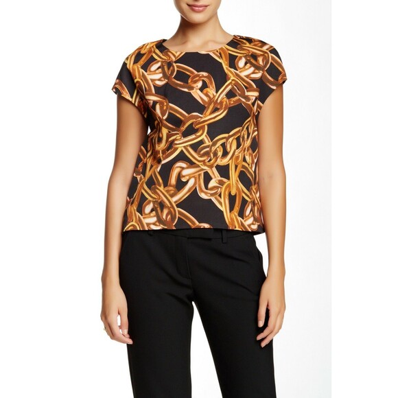 Gorgeous TRINA TURK "Carola Blouse" Chain Print Cap Sleeve Crew Neck Blouse P - Picture 1 of 10